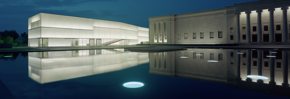 Night scene of Bloch Building at The Nelson-Atkins Museum of Art