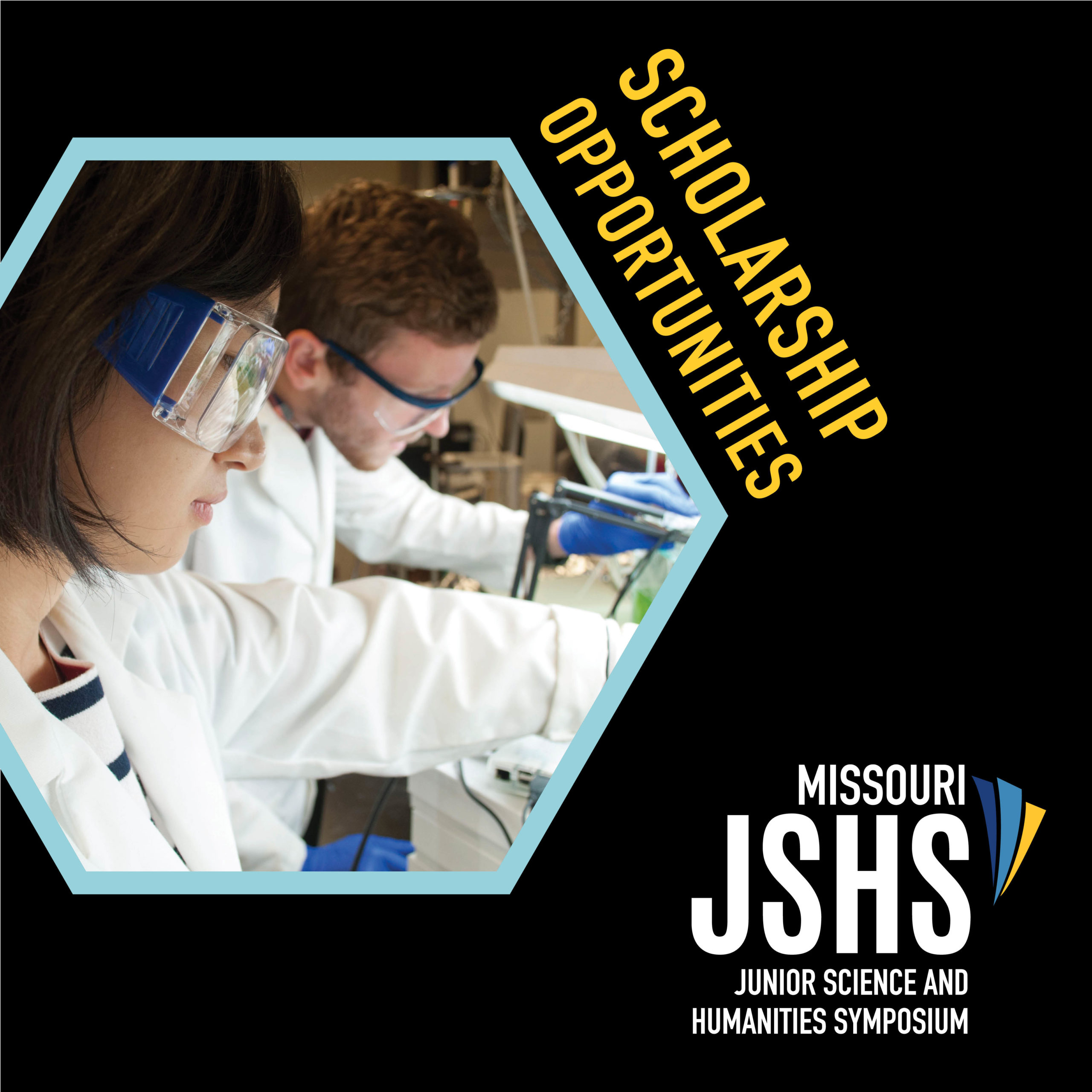 Graphic that reads Scholarship Opportunities above a hexagon-shaped photo of two students in lab coats and protective eyewear