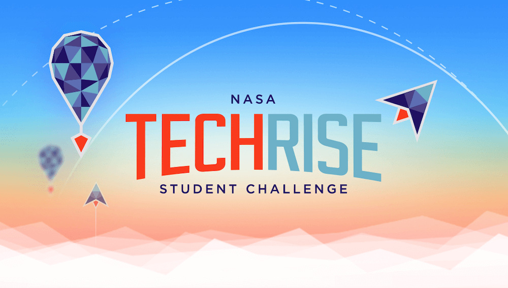 NASA TechRise Student Challenge logo over a background image that shows a balloon and rocket or plane in a colorful illustrated style